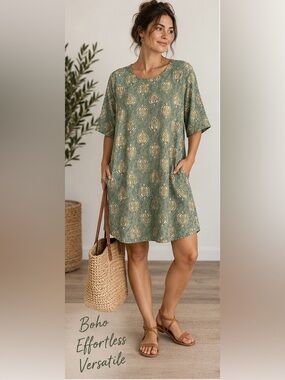 Rhea L/XL Boho Tunic Dress in  Green & Gold, Oversized, Pockets NWT